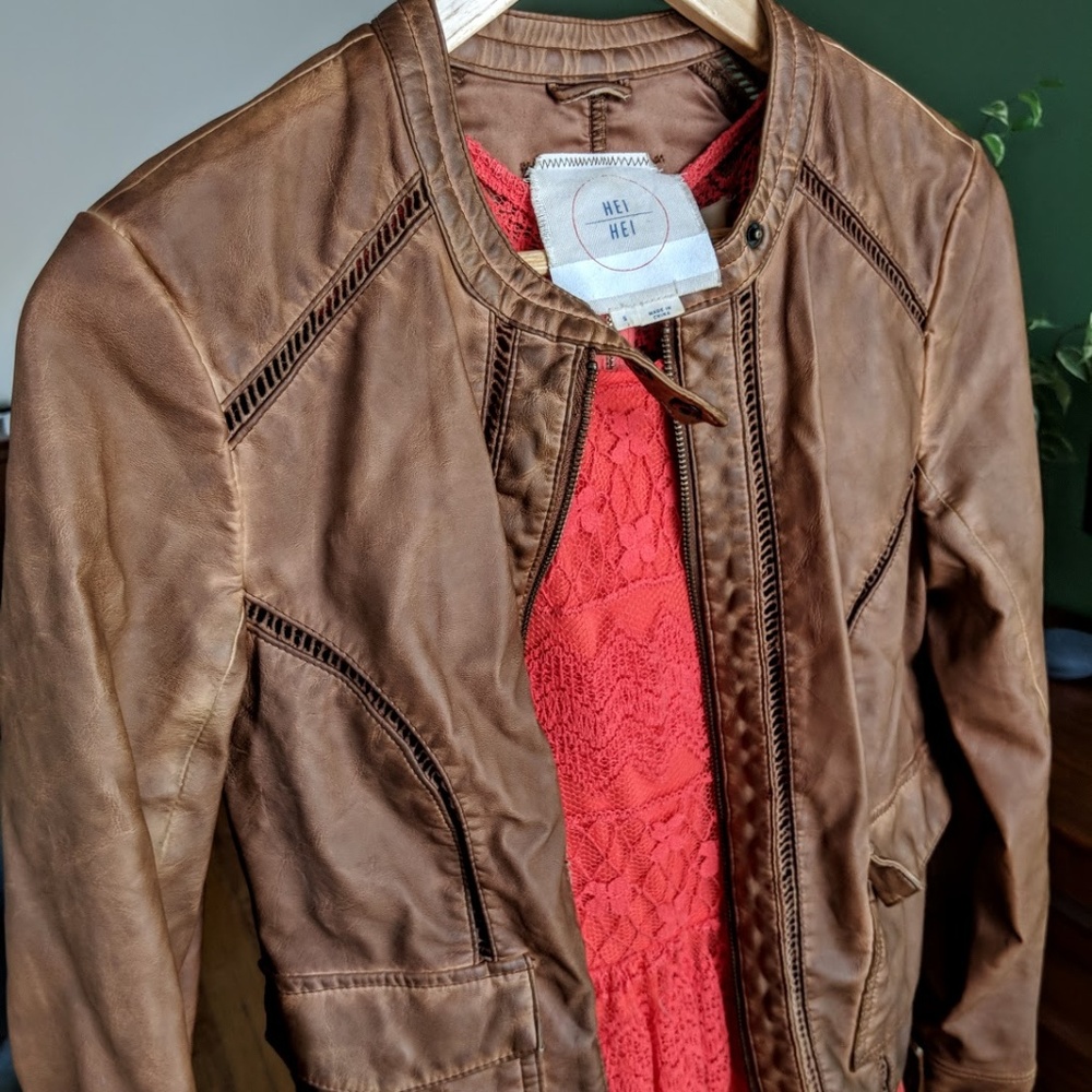 Hei Hei Brown Leather Bomber with Cut Out Decal